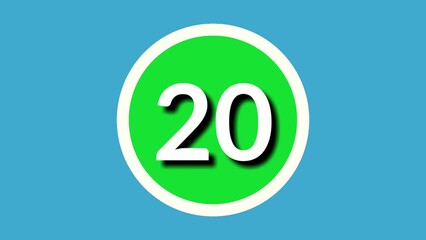 Number twenty 20 sign symbol animation motion graphics on green circle blue background,4k cartoon video number for video elements