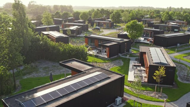 Flying Over The Lodges With Sola Panels On The Roof In Roompot Beach Resort Brouwersdam In Zeeland, Netherlands. - aerial