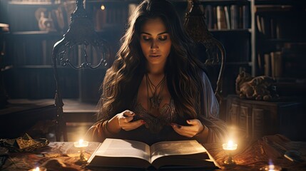 Model as a sorceress, reading an ancient spellbook with mystical symbols glowing around