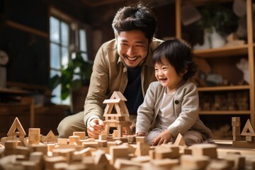 Asian dad sit on floor play with small son. Happy caring father engaged in activity game build with blocks bricks. - obrazy, fototapety, plakaty