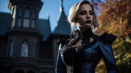 Fototapeta na wymiar Model in a classic vampire costume, poised against an old Gothic mansion backdrop