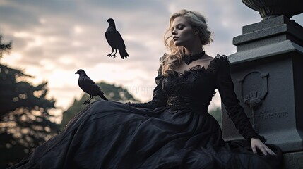 Fototapeta premium Model in a Victorian mourning gown, sitting atop a gothic gravestone, ravens perched around