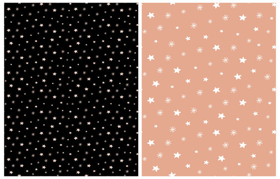 Irregular Seamless Vector Pattern White Abstract Stars on a Coral and Black Background. Infantile Style Night Sky Print.Simple Hand Drawn Starry Repeatable Design ideal for Fabric, Wrapping Paper.RGB.