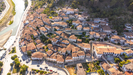 Aerial view of the city of Berat in Albania, the city of a thousand windows