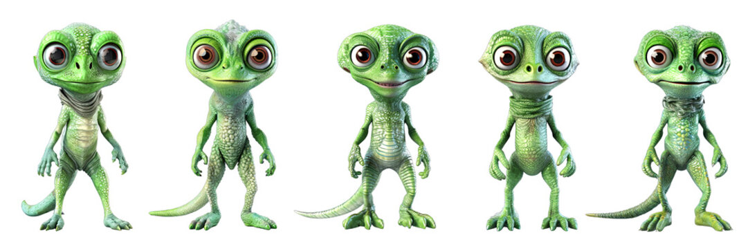 Reptilian humanoid Alien Set 3d Chameleon Green Isolated On Transparent Background