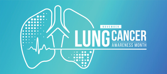 November, Lung cancer awareness month - White line lung sign with circle dot texture and cardiology wave line on blue green gradient background vector design