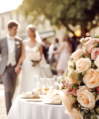 Wedding ceremony and celebration, bride and groom at a beautiful outdoor venue on a sunny day, luxury wedding decor with flowers and bridal bouquet, generative ai