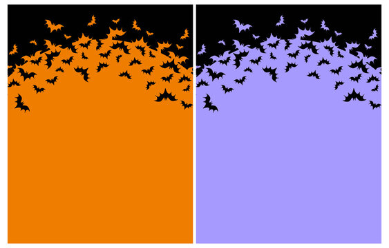 Halloween Party Vector Background with Black Flying Bats. Little Bats Isolated on a Violet and Orange Background. Halloween Layout with Copy Space ideal for Card, Banner, Flyer. RGB Colors.	