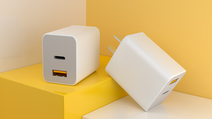 3D render of White color adapter plug with USB-A and USB-C for new smartphone on orange background.