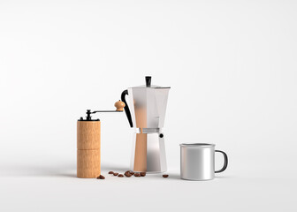 3D render set of coffee drip equipment on white background.