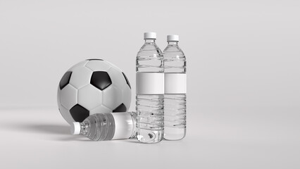 3D render of 3 Plastic bottles of drinking water and football isolated on white background.