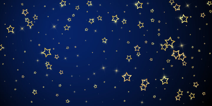 Gold sparkling star confetti. Chaotic dreamy childish overlay template. Festive stars vector illustration on dark blue background.
