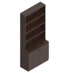 3D rendering illustration of an empty bookshelf with bottom drawers