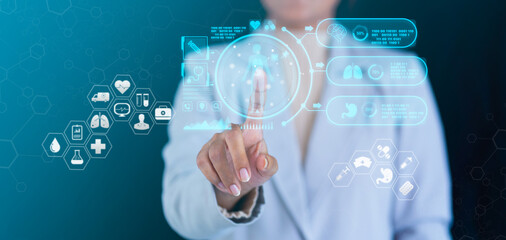 Medical technology and futuristic concept. Doctor and modern virtual screen interface icons....