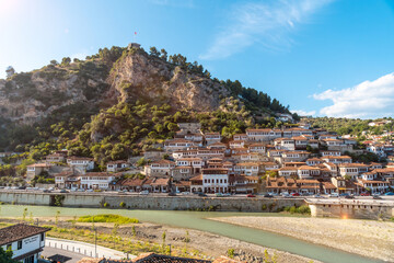 The beautiful historic town of Berat in Albania its castle above, UNESCO World Heritage Site, City...