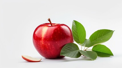 White background with a red apple, an apple leaf, and an apple slice.