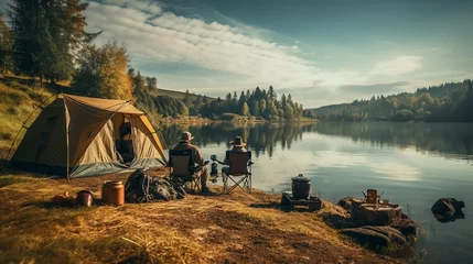 Foto auf Acrylglas Camping Fisherman camping fishing lake camp