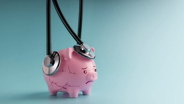 Economic Crisis. Emergent Meetup, Financial Checkup, Review for Examination of Valuable Financial, Money, Cost, Debts, Retirement. a Depressed Piggy Bank with Stethoscopes - Powered by Adobe