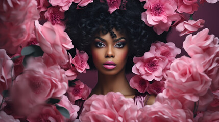 portrait of young african woman with pink flowers, fashion design backdrop   