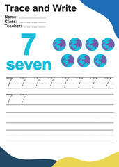 Number seven tracing practice worksheet with seven planets Neptune. Page for kids learning to count and to write. Vector Illustration. Exercise for children to recognize the number.