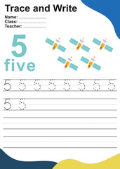 Number five tracing practice worksheet with satellites. Page for kids learning to count and to write. Vector Illustration. Exercise for children to recognize the number.