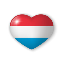 3d heart with flag of Luxembourg. Glossy realistic vector element on white background with shadow underneath. Best for mobile apps, UI and web design.