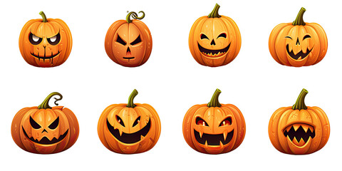 Collection of Halloween pumpkins Jack O'Lantern with different facial expressions on transparent background.