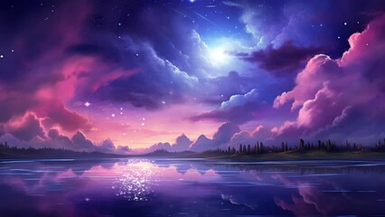 a shooting star scene with a clear sky and a river flowing below. Seamless looping animated background. Animated looping background.