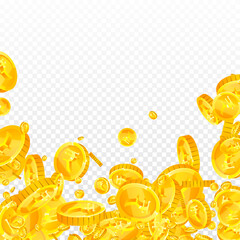 Indian rupee coins falling. Scattered gold INR