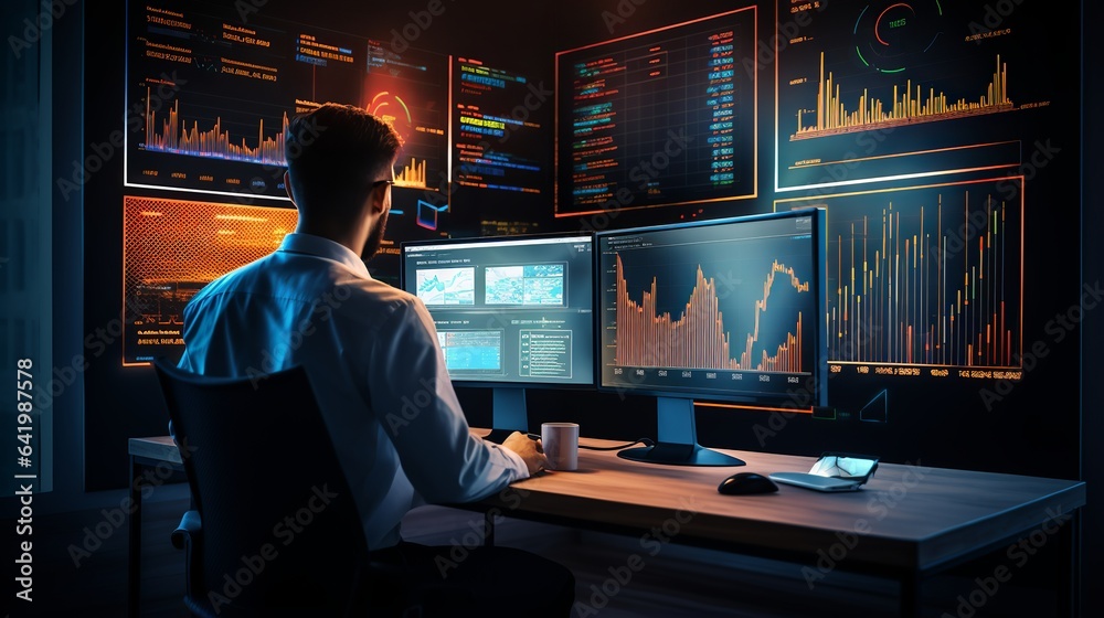Poster data analyst using computer dashboard for business analysis and p metrics in data management system