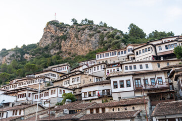 Obraz premium Detail of the castle of the historic city of Berat in Albania and its river, UNESCO