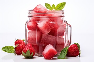 Cold strawberry ice at glass jar isolated on white