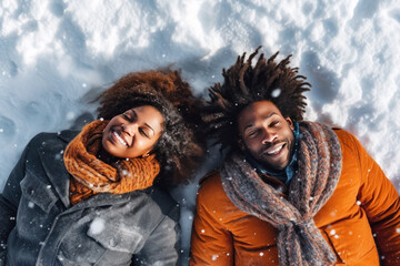 Fototapeta na wymiar A happy married couple of Africans lay down on the snow-covered ground