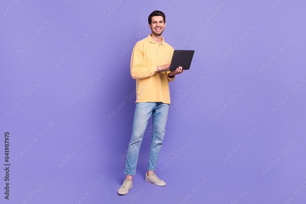 Poster full body photo of young man it specialist holding netbook project manager create high income startu