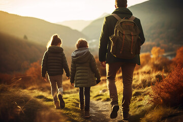 Family Autumn Hike. A family enjoys an autumn hike in the countryside, bonding and exploring nature.