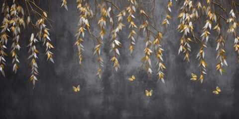 Photo wallpaper, wallpaper, mural design in the loft, classic, modern style. Willow branches with gold butterflies on a dark concrete grunge wall, Generative AI - obrazy, fototapety, plakaty