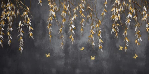 Foto op Plexiglas Grunge vlinders Photo wallpaper, wallpaper, mural design in the loft, classic, modern style. Willow branches with gold butterflies on a dark concrete grunge wall, Generative AI