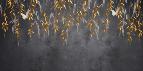 Photo sur Plexiglas Papillons en grunge Photo wallpaper, wallpaper, mural design in the loft, classic, modern style. Willow branches with gold butterflies on a dark concrete grunge wall, Generative AI