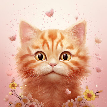 cute kitten with red heart, generative ai