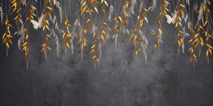 Fototapeta Photo wallpaper, wallpaper, mural design in the loft, classic, modern style. Willow branches with gold butterflies on a dark concrete grunge wall, Generative AI
