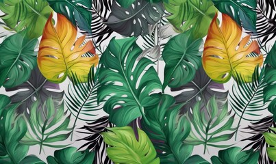 Beautiful pattern of tropical leaves. Wall decor. A mural for the room. Photo wallpapers for the interior. Tropical pattern of different leaves. Painted, Generative AI