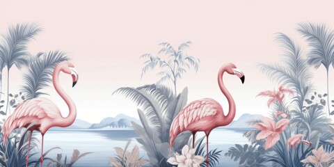 Tropical vintage botanical landscape, pink palm tree, banana tree, blue plant, pink flamingo floral seamless border grey background. Exotic jungle animal, Generative AI