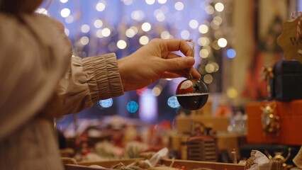 Christmas market, a young woman selects gifts, New Year's interior.