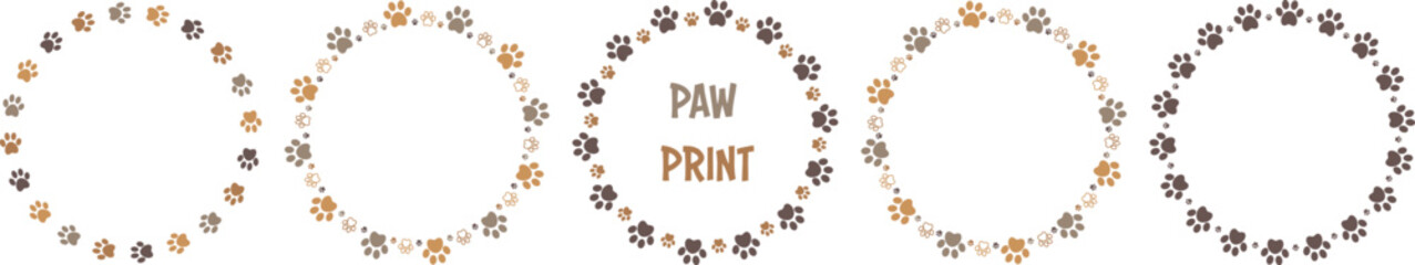 Brown paw circle frame set with dog animal footprints, vector illustration	