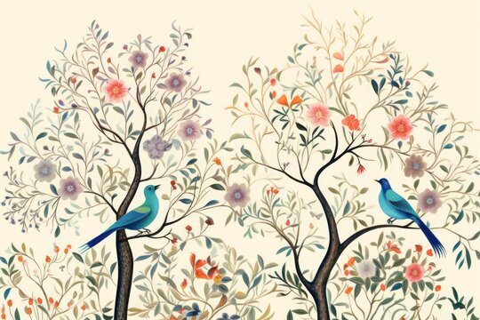 Drawn trees with flowers, leaves and birds. Floral background. Design for wallpaper, mural, photo wallpaper, card, poster, invitation, home decor, Generative AI