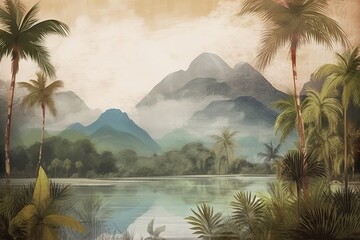 Tropical landscape wallpaper design with oil painting effect, lake and mountain, vintage view, palm and banana trees, mural art, Generative AI