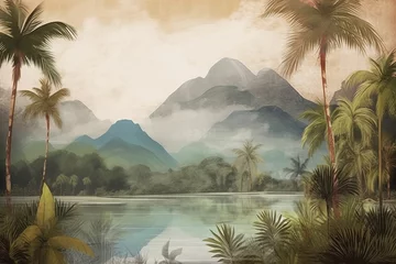 Fototapeten Tropical landscape wallpaper design with oil painting effect, lake and mountain, vintage view, palm and banana trees, mural art, Generative AI © Visual Wonders