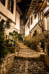 Beautiful streets of the illuminated historic city of Berat in Albania, the city of a thousand windows, UNESCO