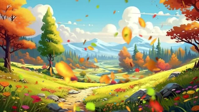 autumn scenery on the savanna of colorful plants.Animated looping background.