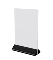 Menu stand signs isolated on white background. mockup of store template signboard , Metal cafe restaurant bar plastic badge black white, 3D illustration